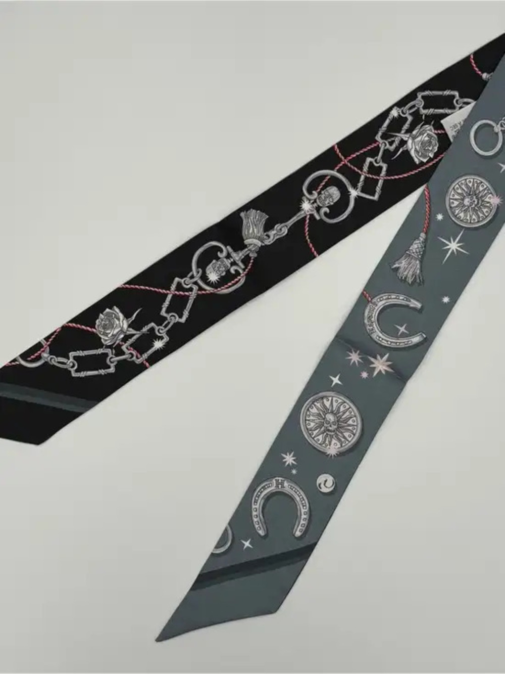 Herms Twilly Silk Scarf Reversible Black Grey Skull Rose Star